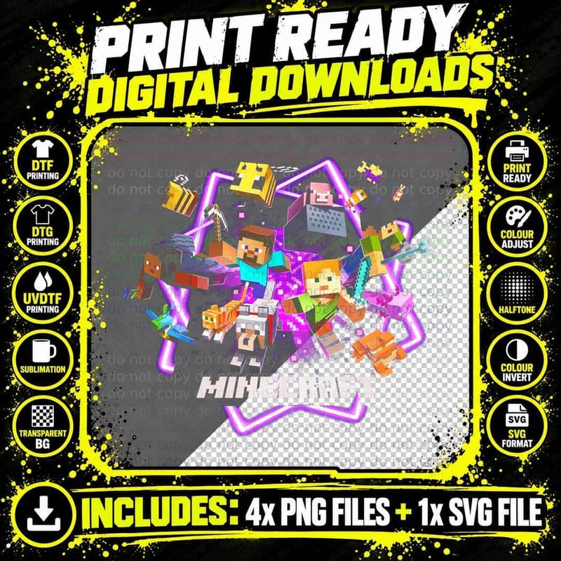 Characters Neon Star T-Shirt, Steve Alex Pig Wolf and Png SVG Digital Bundle