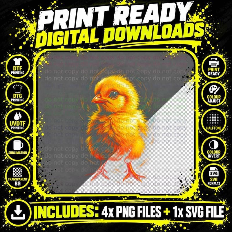 Charming Yellow Chick T-Shirt, Whimsical Bird Print Png SVG Digital Bundle