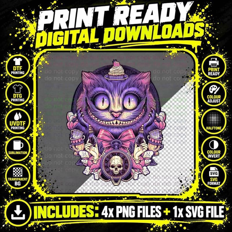 Cheshire Cat T-Shirt, Alice in Wonderland Print Png SVG Digital Bundle