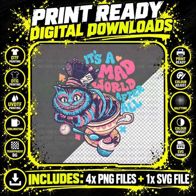 Cheshire Cat T-Shirt, Alice in Wonderland Print Png SVG Digital Bundle