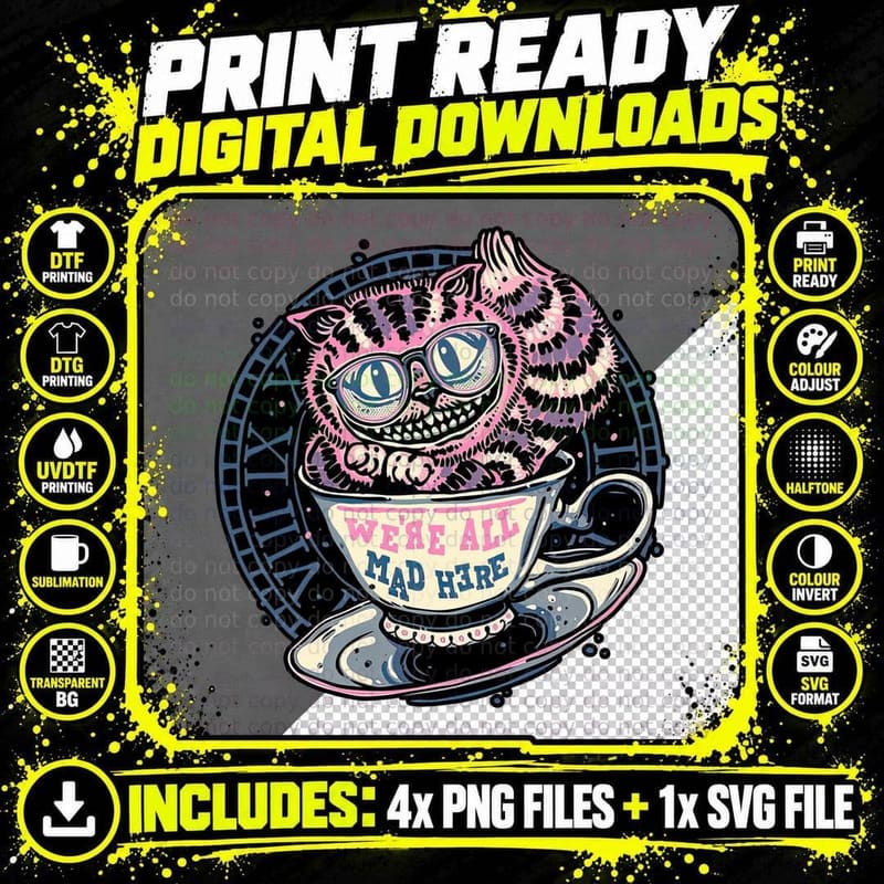 Cheshire Cat in Teacup T-Shirt, Alice in Wonderland Tee Png SVG Digital Bundle