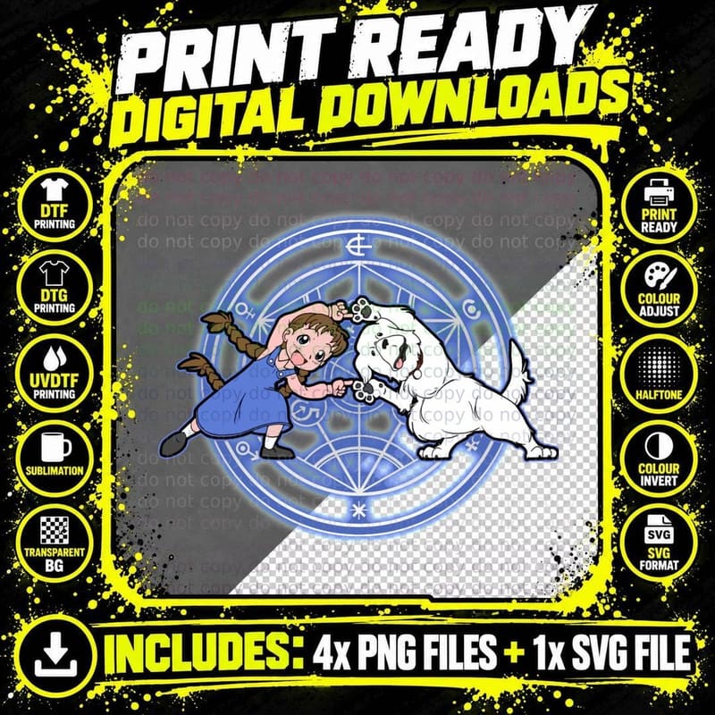 Chibi Girl and Dog in Magic Circle T-Shirt, Fantasy Art Png SVG Digital Bundle