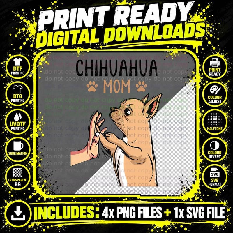 Chihuahua Mom Tee, High Five Cartoon Pup Png SVG Digital Bundle