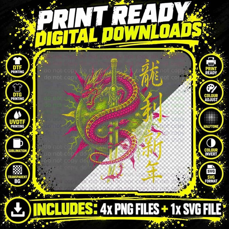 Chinese Dragon Sword Neon T-Shirt Lunar New Year Asian Png SVG Digital Bundle