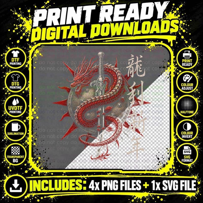 Chinese Dragon Sword Red T-Shirt Lunar New Year Asian Png SVG Digital Bundle