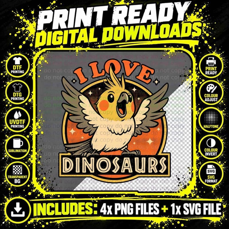 Cockatiel Love Dinosaurs T-Shirt, Vintage Style Tee Png SVG Digital Bundle