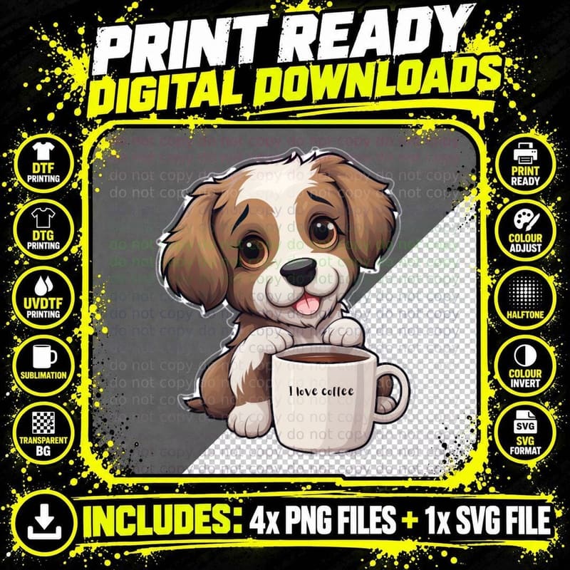 Coffee Loving Dog T-Shirt, Coffee Lovers Apparel Png SVG Digital Bundle