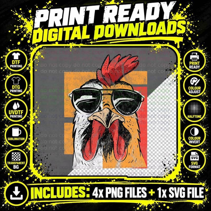 Cool Rooster Wearing Sunglasses Retro Vintage Chicken Png SVG Digital Bundle