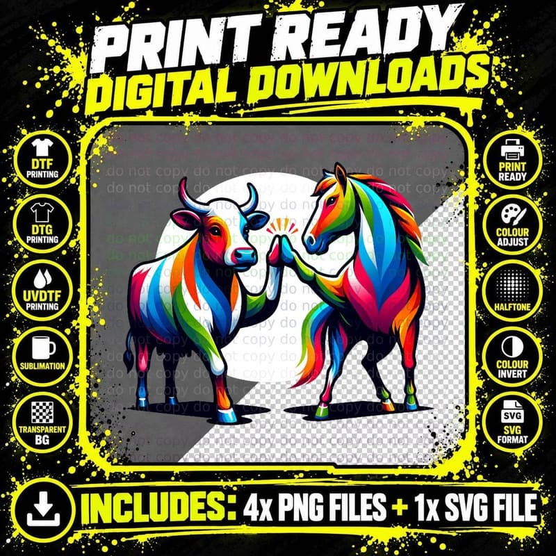 Cow and Horse Friends Colorful T-Shirt Png SVG Digital Bundle