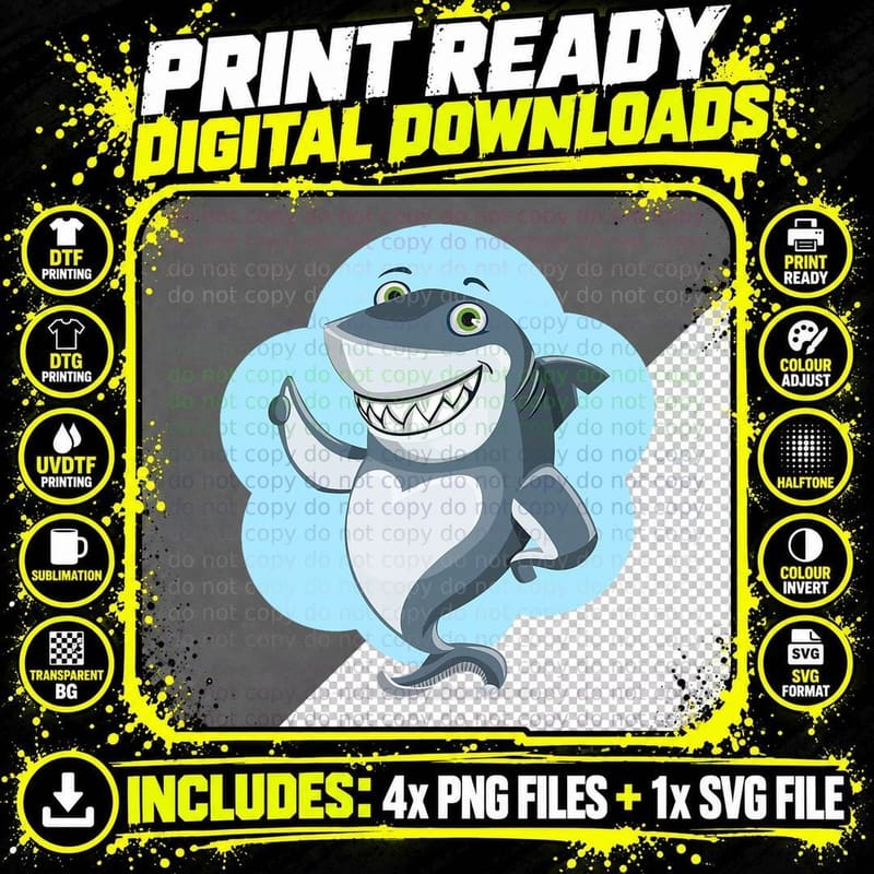Cute Shark T-Shirt, Adorable Cartoon Illustration Png SVG Digital Bundle