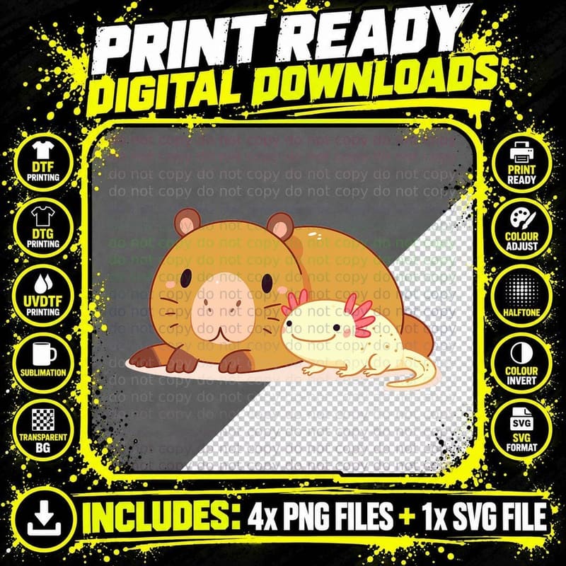Cute Thick Axolotl with Capybara T-Shirt Png SVG Digital Bundle