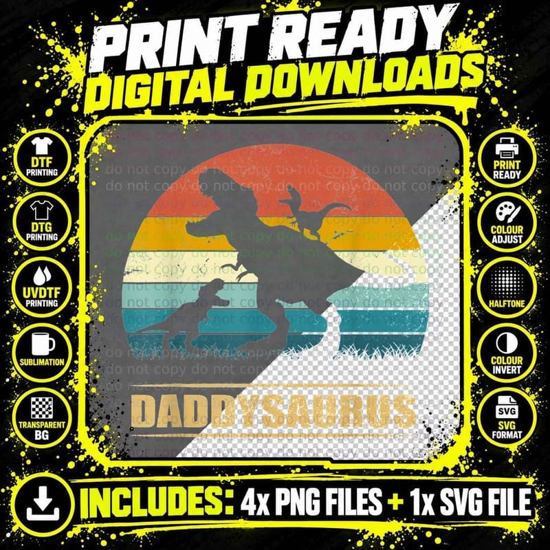 Daddy Dinosaur Daddysaurus 2 Two Kids Gift for Dad Png SVG Digital Bundle