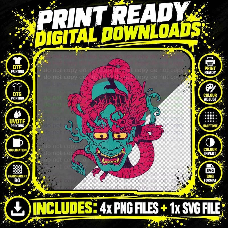 Demon Oni and Dragon Devil Japanese Vaporwave Harajuku Png SVG Digital Bundle