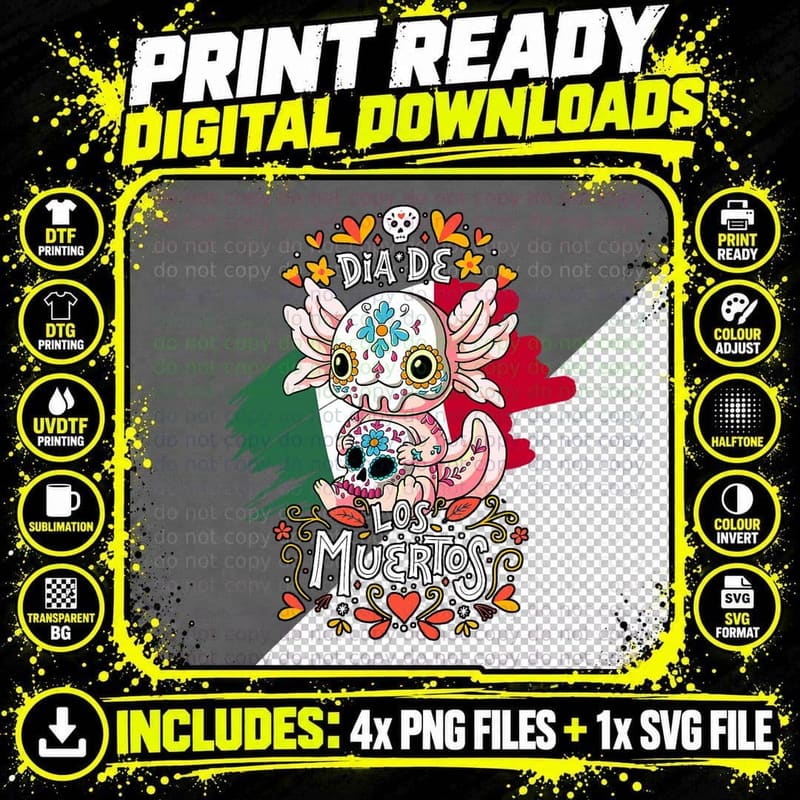 Dia De Los Muertos Axolotl T-Shirt Png SVG Digital Bundle