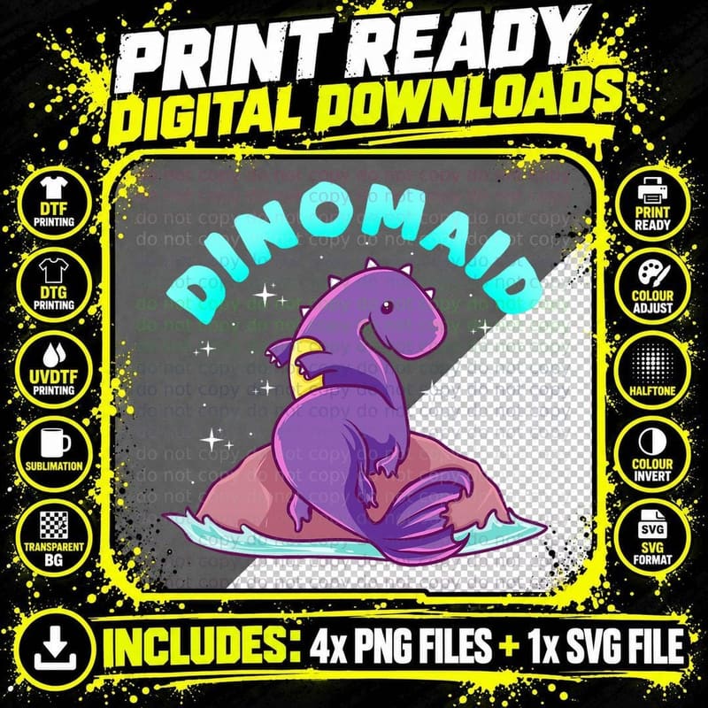 Dinomaid Dinosaur Mermaid T-Shirt, Fantasy Mermaid Print Png SVG Digital Bundle