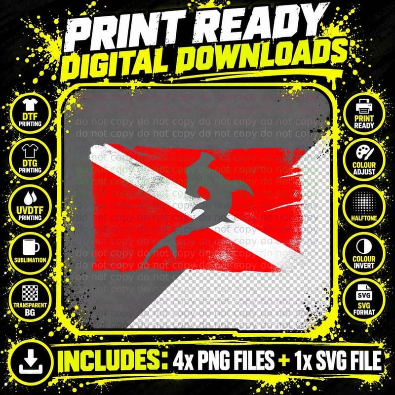Diver Down Flag Hammerhead Shark Silhouette T-Shirt Png SVG Digital Bundle