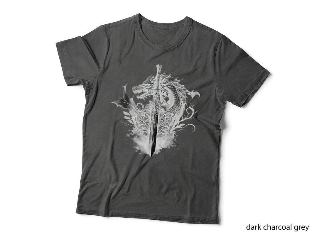 Dragon Sword Roses Tattoo Art Style T-Shirt, Medieval Dark Fantasy