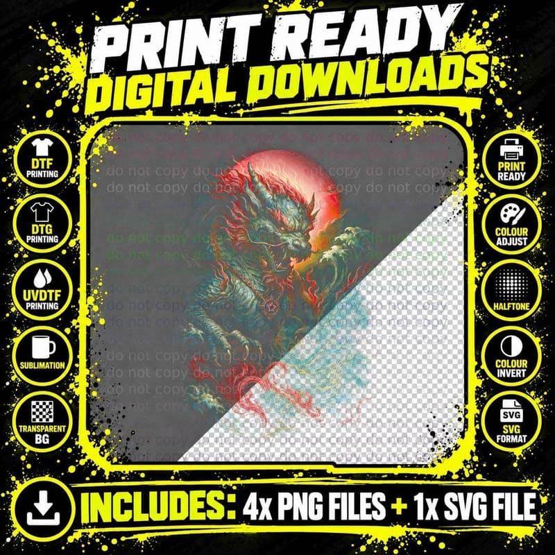 Dragon Under Sunset T-Shirt, Fantasy Art Print Png SVG Digital Bundle