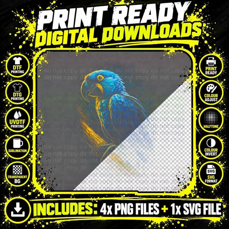 Exotic Blue Parrot T-Shirt, Exotic Bird Print Png SVG Digital Bundle