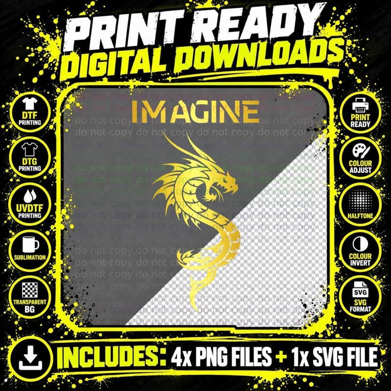 Fantasy Dragon Tattoo Style T-Shirt, White Png SVG Digital Bundle