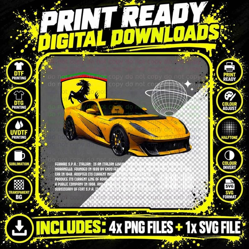 Ferrari 812 Yellow Supercar T-Shirt Png SVG Digital Bundle