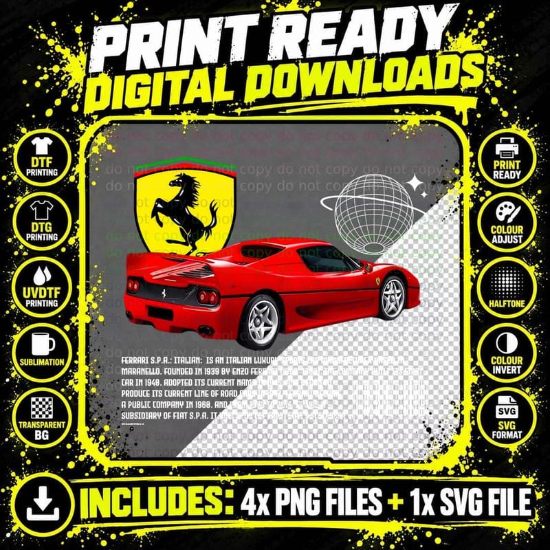 Ferrari F50 Classic Red Supercar T-Shirt Png SVG Digital Bundle