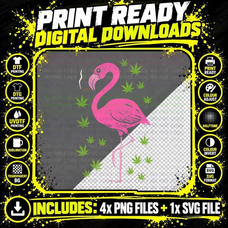 Flamingo Bird Smoking Weed Cannabis Blunt 420 Stoner Png SVG Digital Bundle