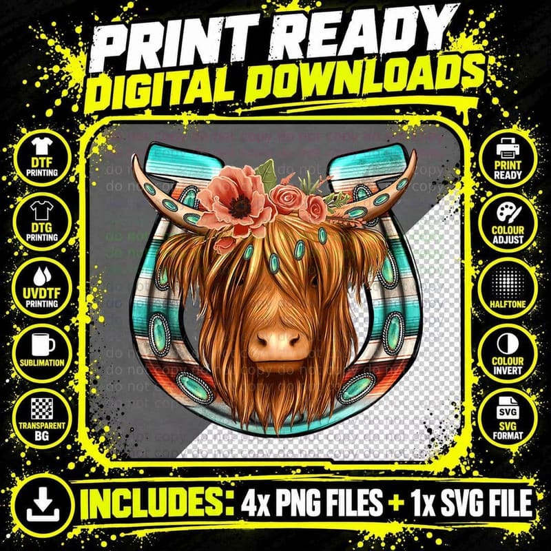 Floral Highland Cow Heifer Horseshoe Western Country Png SVG Digital Bundle
