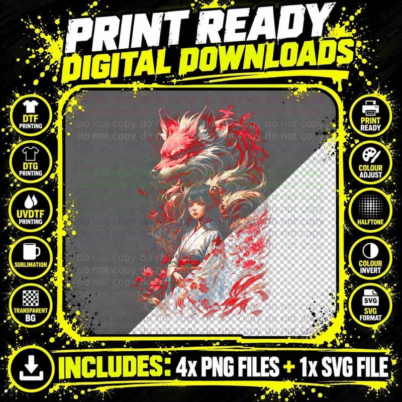 Fox Kimono T-Shirt, Japanese Mythology, Fantasy Art Png SVG Digital Bundle