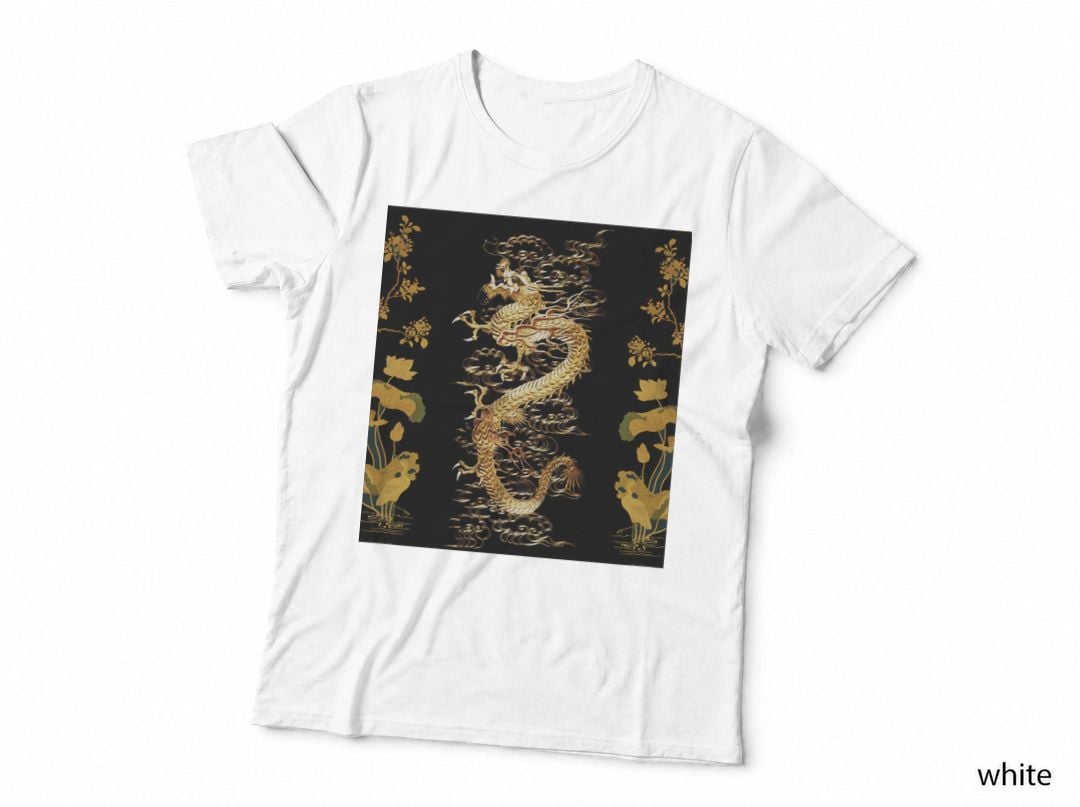GOLD Dragon IN BLACK, Egret, Lotus, Green Gold Floral T-Shirt
