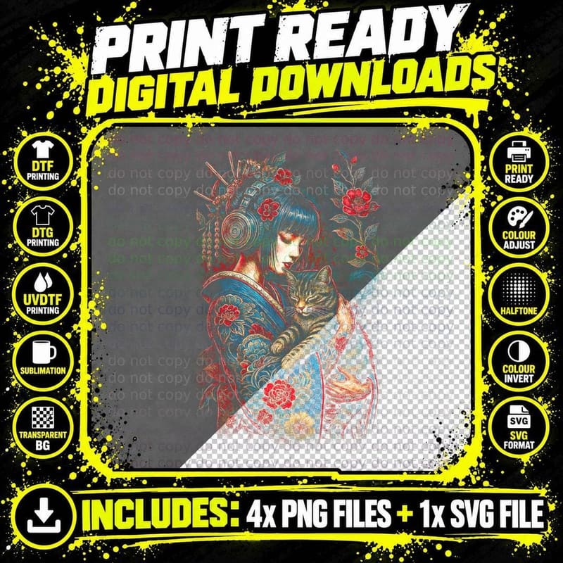 Geisha Cat T-Shirt, Japanese Kimono Print, Cat Mom Gift Png SVG Digital Bundle