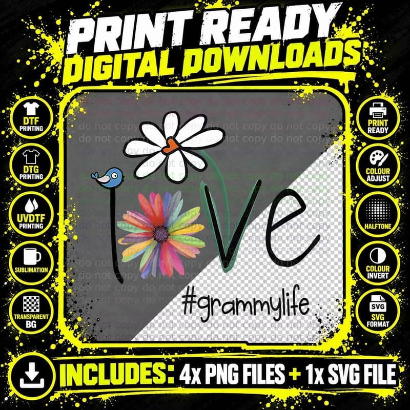 Grammy Life Love Floral Tee, Colourful Daisy and Bird Png SVG Digital Bundle