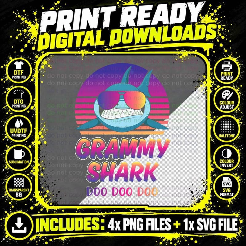 Grammy Shark T-Shirt, Vintage Retro Sunset, 80s Vibes Png SVG Digital Bundle