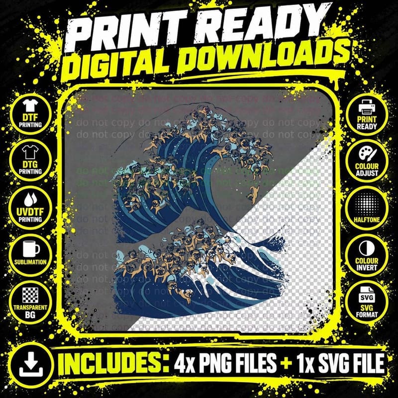 Great Wave of Pugs Tee, Japanese Art Parody Png SVG Digital Bundle