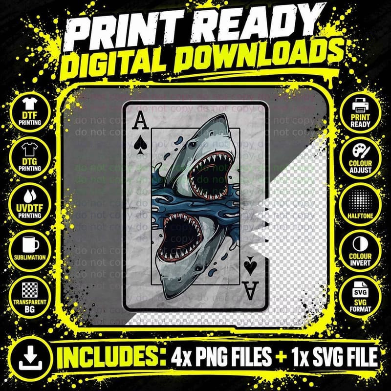 Great White Shark Poker Card T-Shirt, Nautical Style Png SVG Digital Bundle