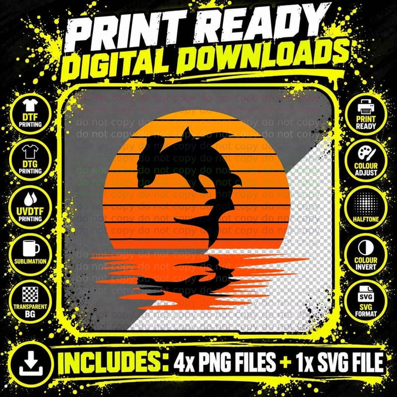 Hammerhead Shark Silhouette Sunset T-Shirt Png SVG Digital Bundle