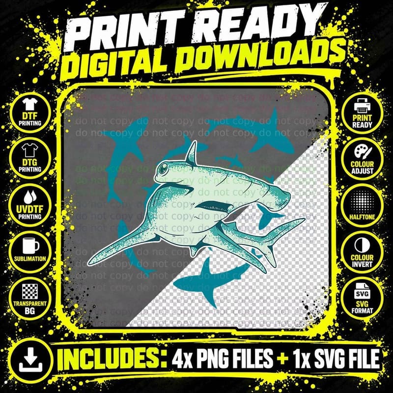 Hammerhead Shark T-Shirt, Marine Life Print Png SVG Digital Bundle