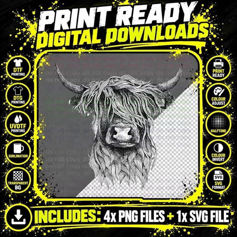 Highland Cow - Hand Drawn Illustration T-Shirt Png SVG Digital Bundle