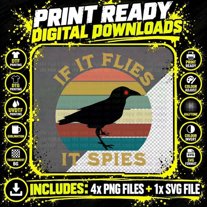 If It Flies It Spies T-Shirt, Retro Sunset Crow Bird Png SVG Digital Bundle