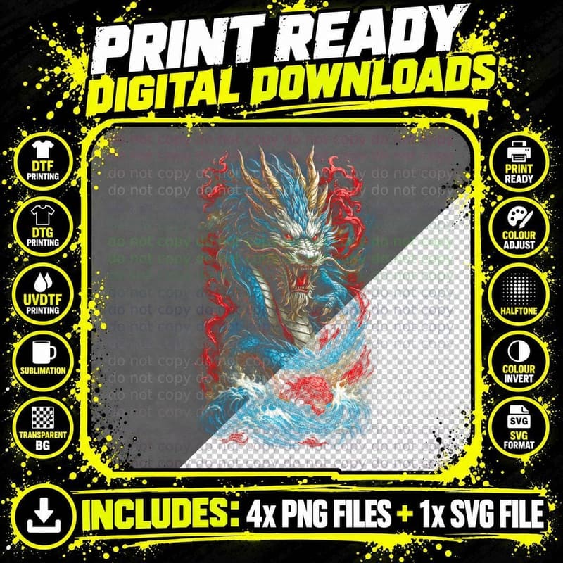 Intense Blue Dragon T-Shirt, Fantasy Art Print Png SVG Digital Bundle