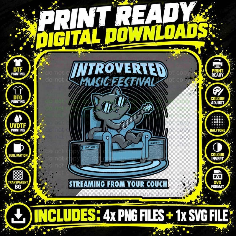 Introverted Music Cat T-Shirt, Retro Indie Tee Png SVG Digital Bundle