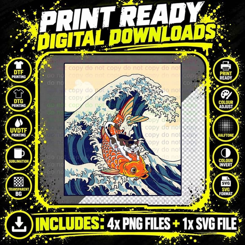 Japanese Koi Fish Great Wave T-Shirt, Cat Surfing Koi Png SVG Digital Bundle