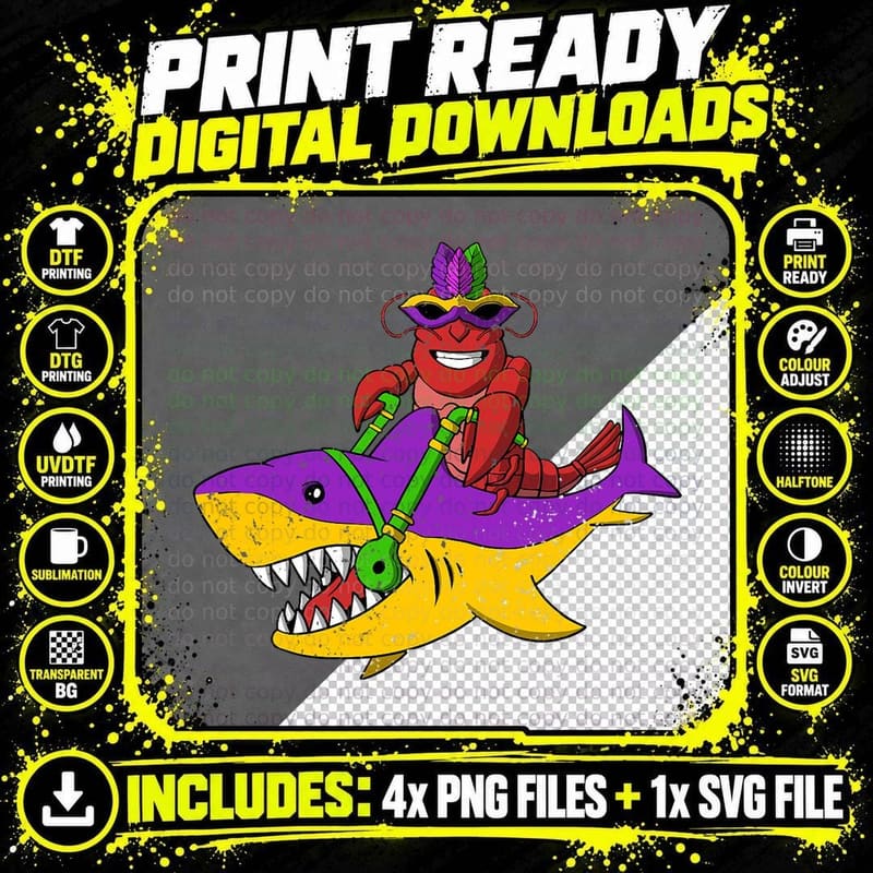 Jester Crawfish Riding Shark Mardi Gras T-Shirt Png SVG Digital Bundle