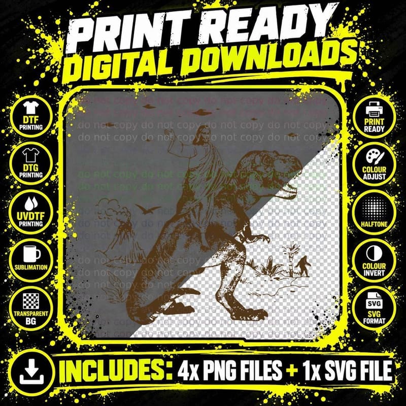 Jesus Riding Dinosaur UFO Funny Offensive Cool Novelty Png SVG Digital Bundle