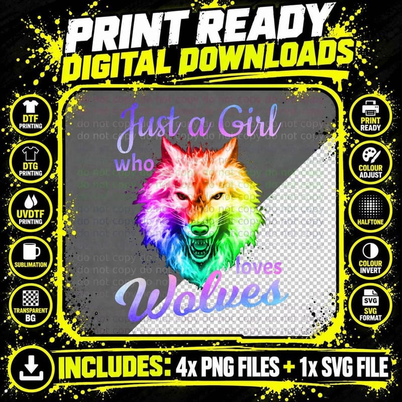 Just a Girl Who Loves Wolves - Moon Wolf Girls Women Png SVG Digital Bundle
