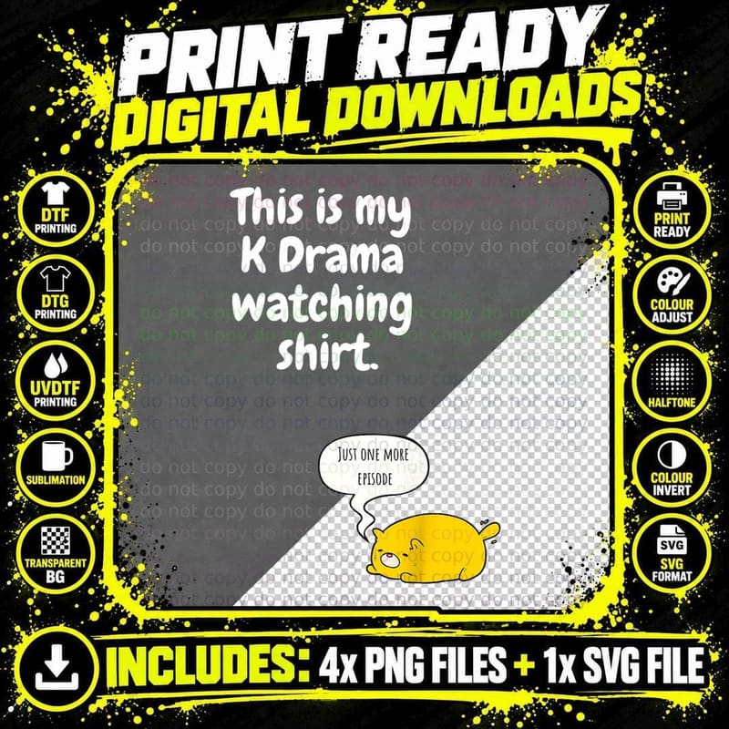 K Drama Watching Tee, Just One More Episode Cat Png SVG Digital Bundle
