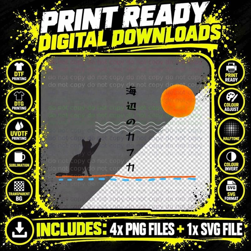 Kafka on the Shore Black Cat, Floating Orange Sun Waves Png SVG Digital Bundle