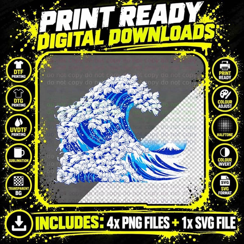 Kanagawa Cat Wave White T-Shirt Png SVG Digital Bundle