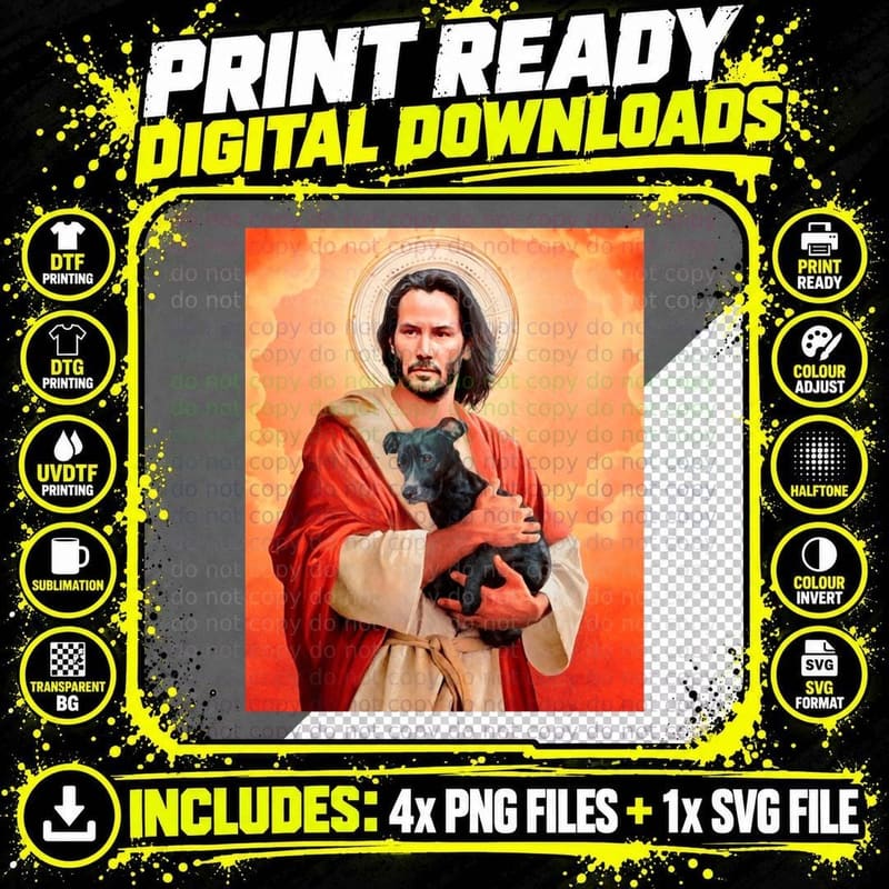 Keanu Reeves as Jesus Holding Black Dog Saint Portrait Png SVG Digital Bundle