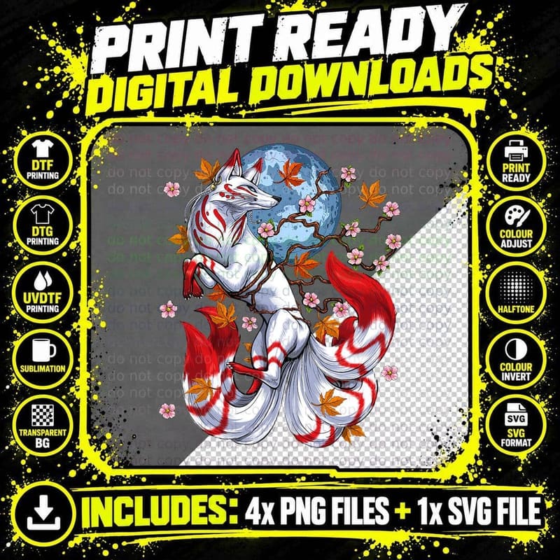 Kitsune Fox Japanese Nine Tailed Fox Cherry Blossom Png SVG Digital Bundle